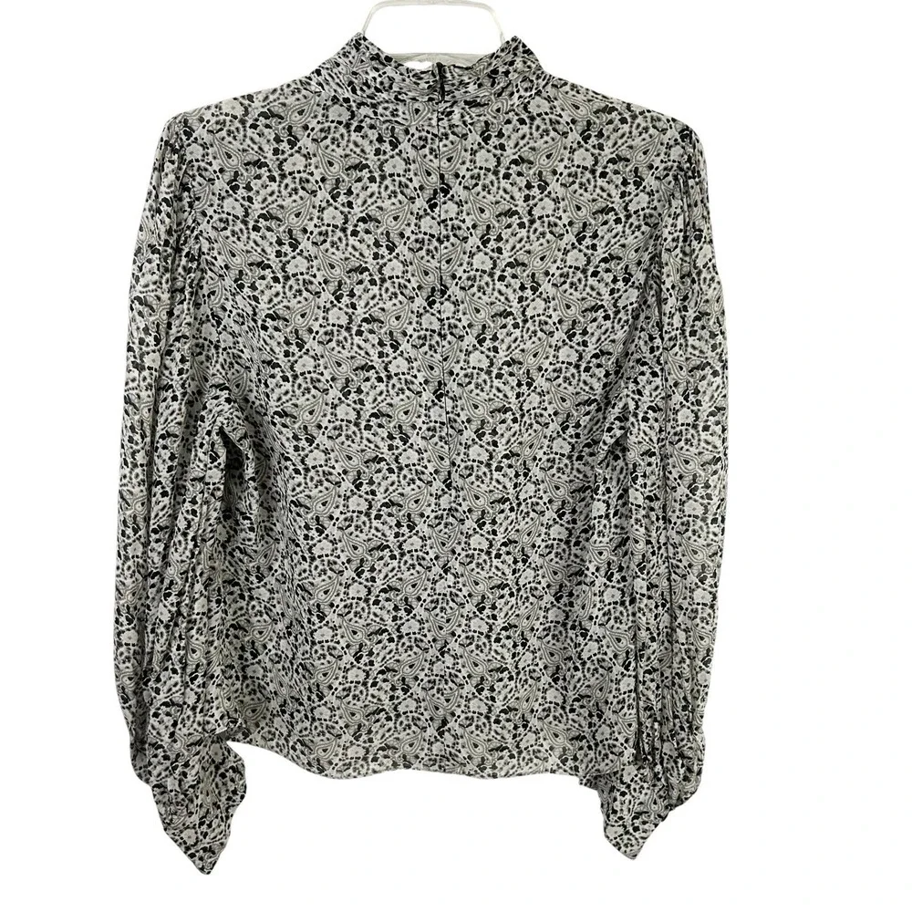 ZARA Paisley BLOUSE L Balloon Puff Sleeve Black White Crop TOP Regency Collared
